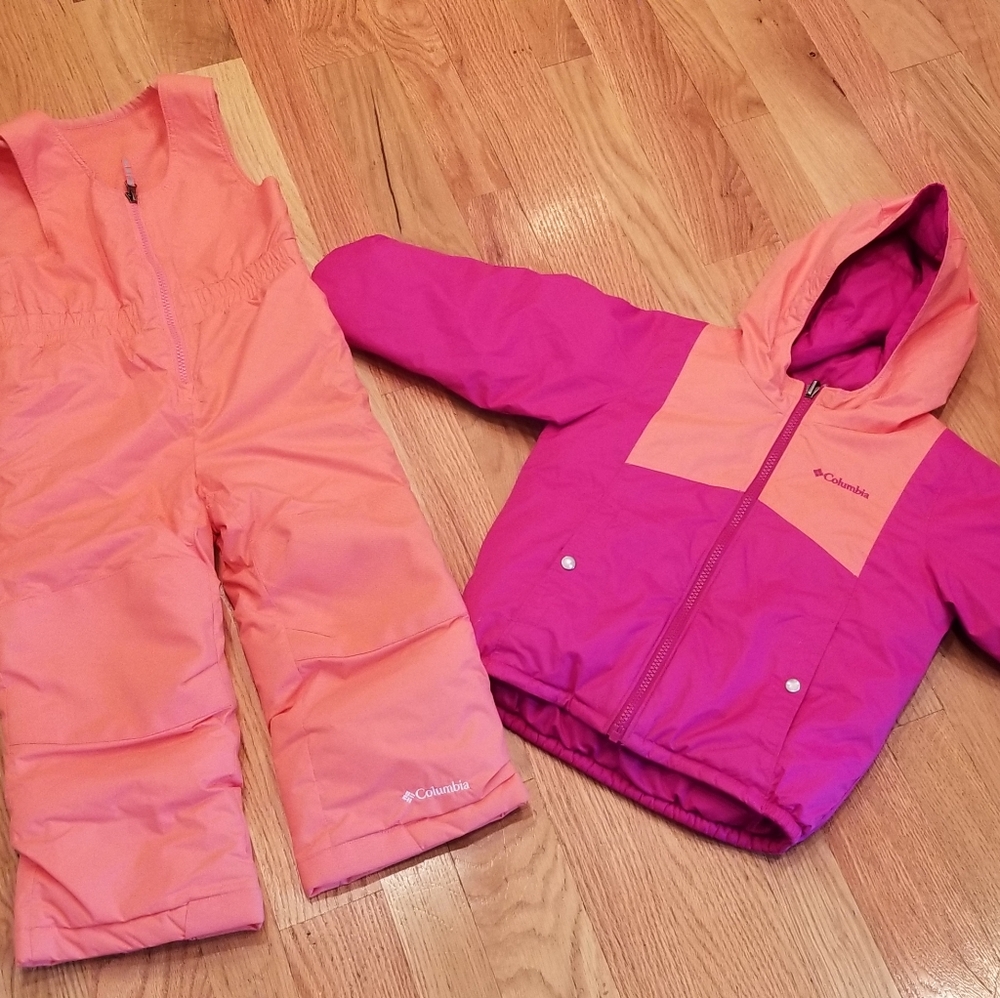 Girls 4t Columbia snow bibs and reversible coat